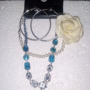 Elegant Pearl with a Rose Silver Blue Necklace Jewelry Set with Hoop Earrings